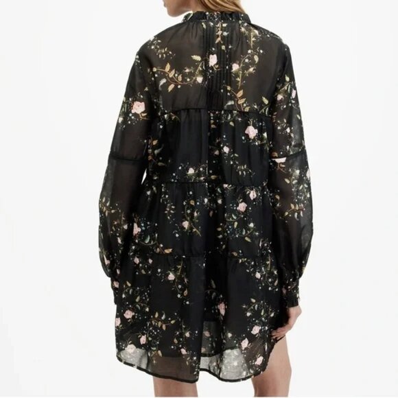 AllSaints Mindy Black Floral Trapeze Short Dress Sheer Whimsigoth Fairycore 6 - Picture 3 of 12